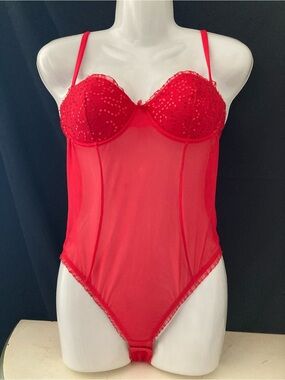 Philippe Matignon Red Sheer Mesh Sequin Teddy Bodysuit Size S